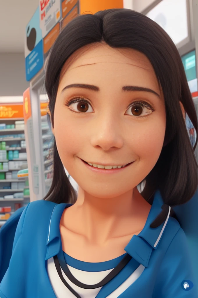 A woman with white skin, elongated face, smiling, straight medium black hair loose, very small black eyes slightly slanted, thin, smiling,
white pharmacy uniform style shirt with a small logo
youthful appearance, orange pants,
8k, pixar style