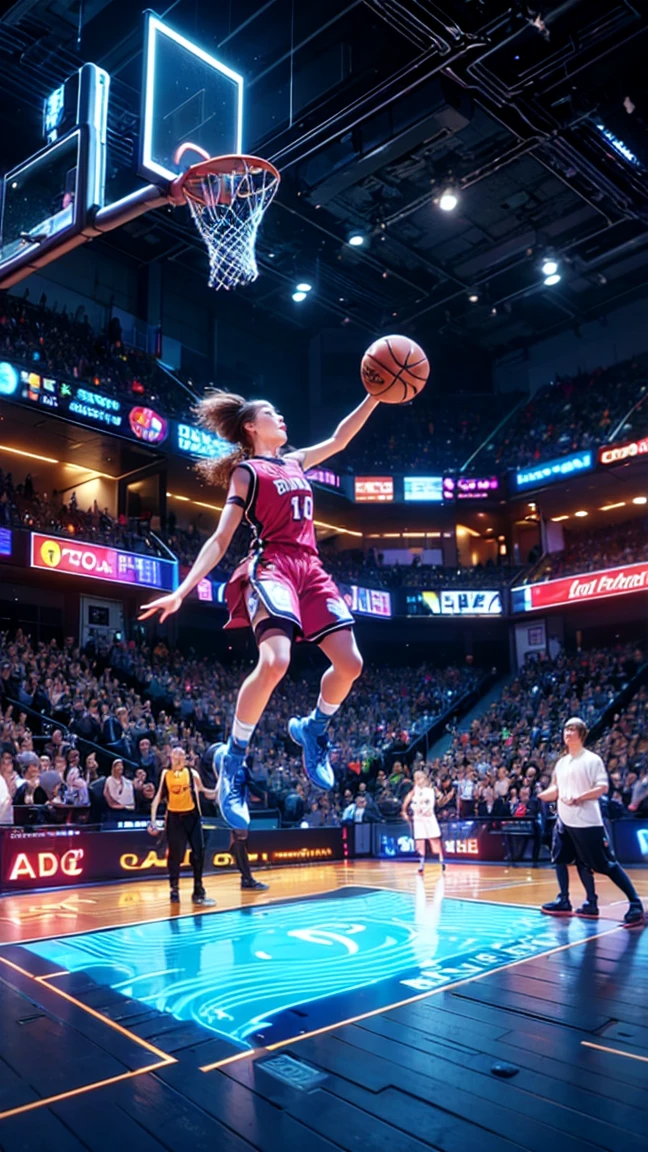 top quality, future world, one basketball hoop and one basketball net, State-of-the-art robot, female basketball player, jump in the air, dunk shot, basketball on hand