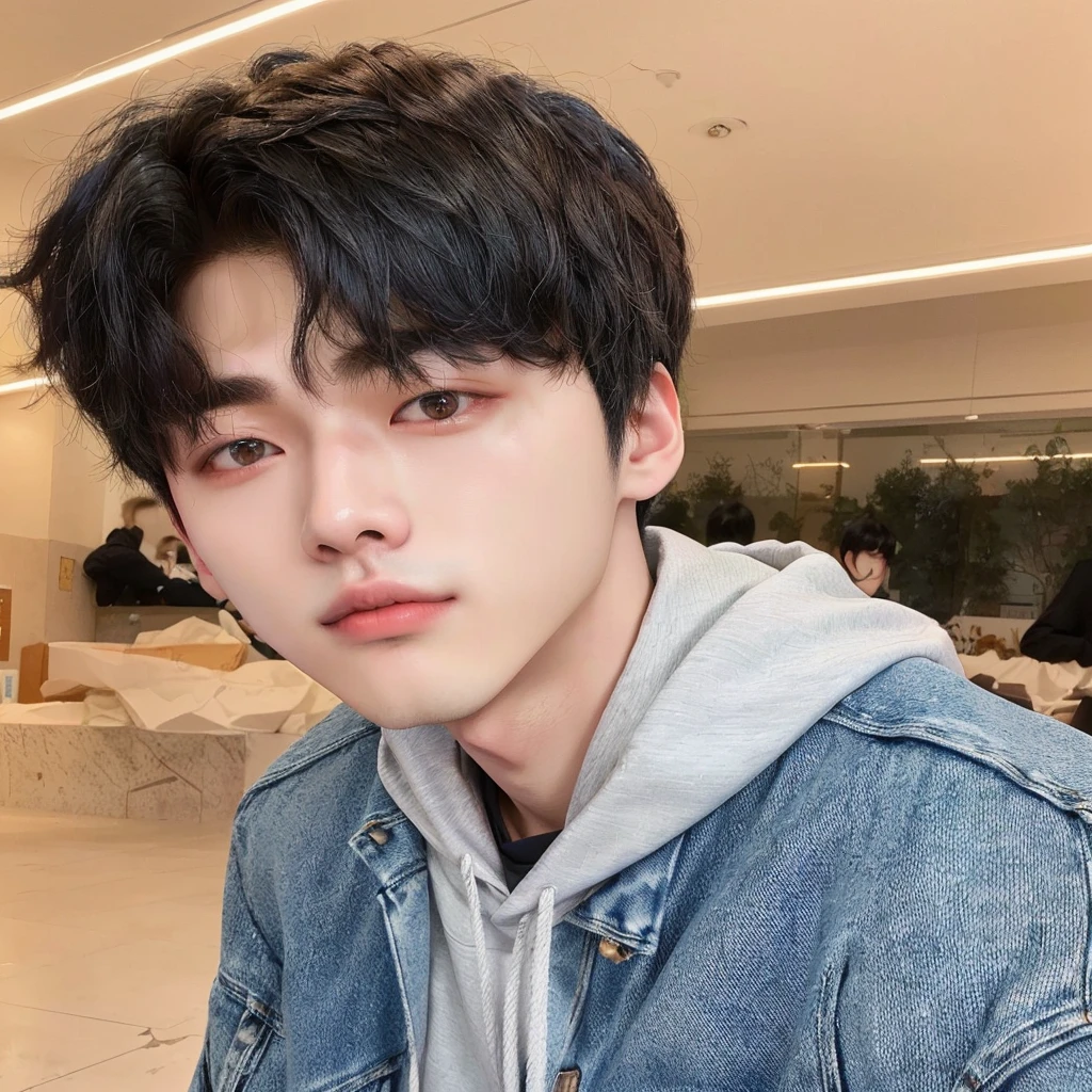 Arafed man in a denim jacket and hoodie posing for a photo., kim doyoung, Jung Jaehyun, sometimes ulzzang, jinyoung shin, profile headshot, Cai Xu Kun, pale korean adorable face, Yanjun Chengt, hyung tae, hong june hyung, south korean man, inspired by jeonseok lee, ulzzang, lee wonbin