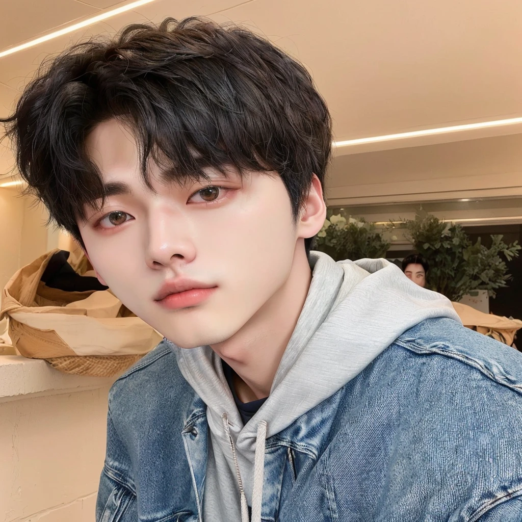Arafed man in a denim jacket and hoodie posing for a photo., kim doyoung, Jung Jaehyun, sometimes ulzzang, jinyoung shin, profile headshot, Cai Xu Kun, pale korean adorable face, Yanjun Chengt, hyung tae, hong june hyung, south korean man, inspired by jeonseok lee, ulzzang, lee wonbin