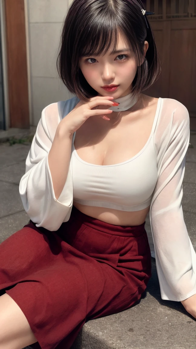 (Absurd:1.3), (High resolution:1.3), (Super detailed:1.3),(One girl:1.3), (Very detailed CG ユニティ 8k 壁紙:1.3), (Detailed skin texture, Detailed cloth texture, Detailed hair texture), (Beautifully detailed face, Supermodel, Pale skin, Realistic glistening skin), (RAW Photos, Highest quality), (Realistic, photo-Realistic:1.4), masterpiece, extremely delicate and beautiful,wonderful, In detail, Very detailed CG ユニティ 8k 壁紙, Large file size, Very detailed, High resolution, Absurd, Soft Light,Rim Light, Vivid details, Short Bob Hair, Black hair color, Big Natural Color Lip, (Perfect figure), Beautiful feet, break (white and red theme:1.4), (fusion of (White kimono tops:1.2) and (Red high waist maxi skirt):1.4), (Long sleeve:1.3), (Kimono collar:1.2), (White Kiomno with red outline:1.2), (White very short ankle socks:1.2), (Geta Can:1.2),
Crying a little、A small smile, Harajuku Style、20-year-old girl、Cute type、Lolita、Leg spread