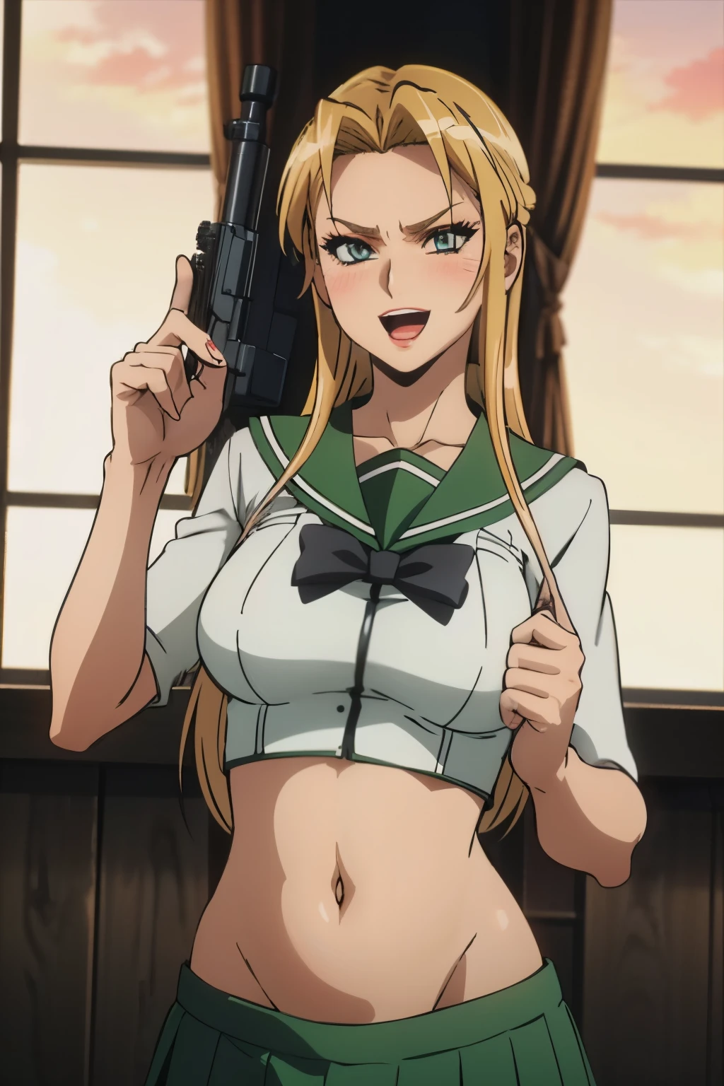 ftselenecas,mature female,pink eyes,mature female, blonde hair, long hair, blush, lipstick,,masterpiece, best quality, ((unbuttoned , cleavage, necklace, earrings, sexy body,
breasts)) , micro skirt, smiling, navel , exposed belly, exposed navel,school,knot,
classroom , holding a gun, hold a gun, navel piercing,