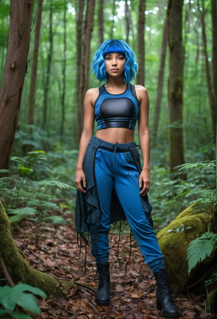 Beautiful biracial woman , extremely detailed full body, blue eyes, blue hair, survivor clothes, in forest, giant BlueBeatle in background