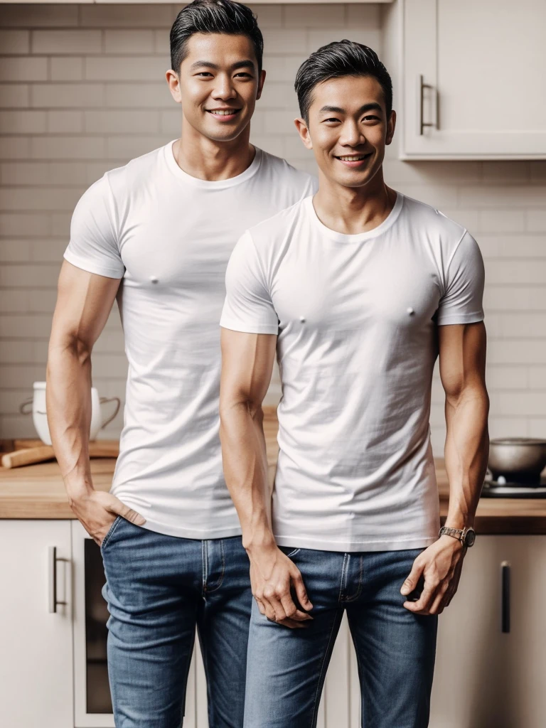 Thai man ,man ,(white t-shirt:1.5) ,Jeans ,He is about 30 years old..,Rough and handsome appearance,large breastsj,Big waistline,buzz cut, angry, sullen, best quality, Masterpiece,bright lights,(Have muscles:4.5),(best quality,high resolution,Masterpiece:1.2),The eyes are natural and delicate..,1 person,alone,gay asian,muscle,Long legs,brave,short hair details,conjunctivitis ,strong,brown eyes, (standing in the kitchen:1.5),in the market,sitting on the table ,smile