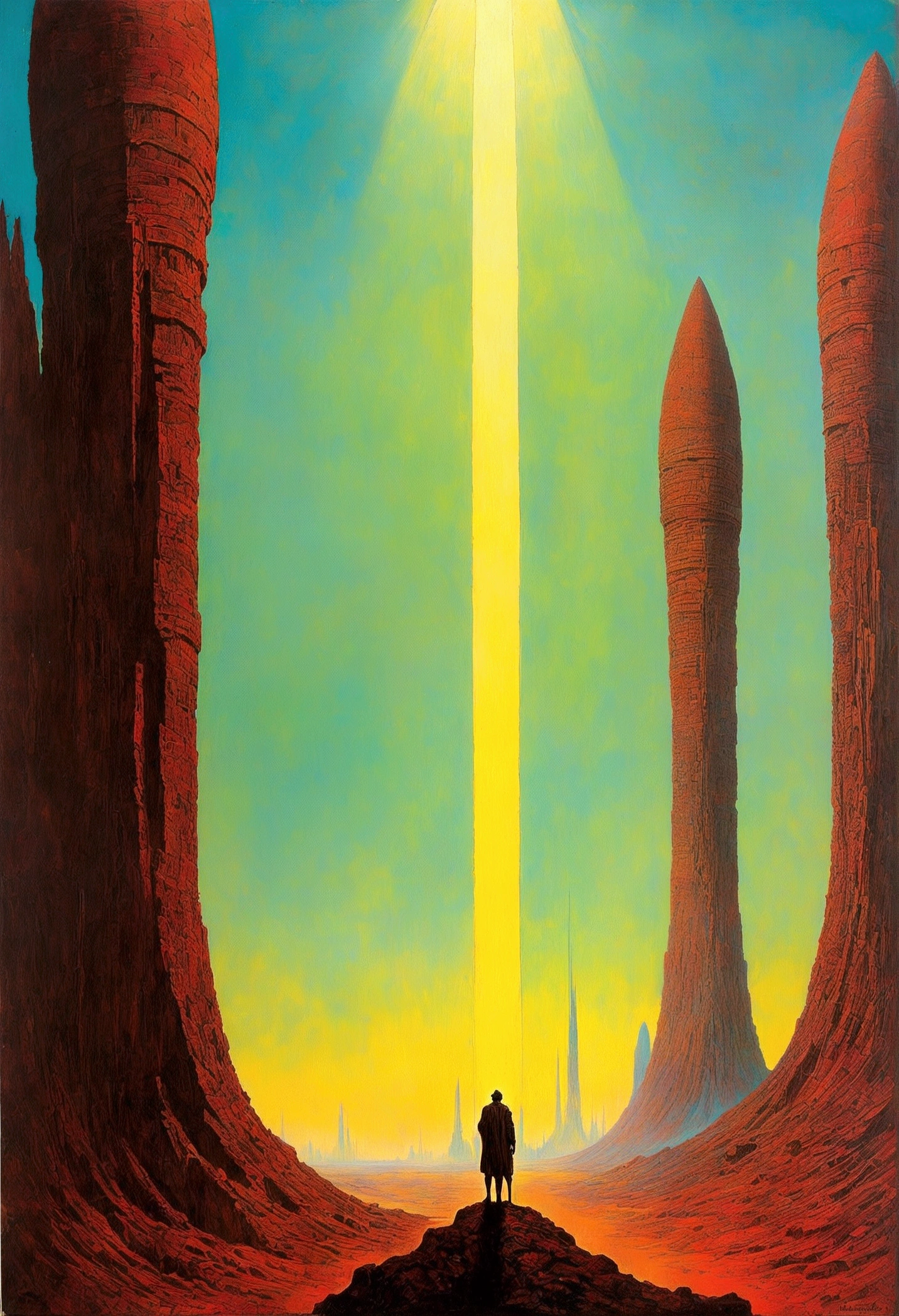 Multiple giant statues stretching into the distance，Old sci-fi posters, author：Zsław Beksinski 和 Jean.giraud