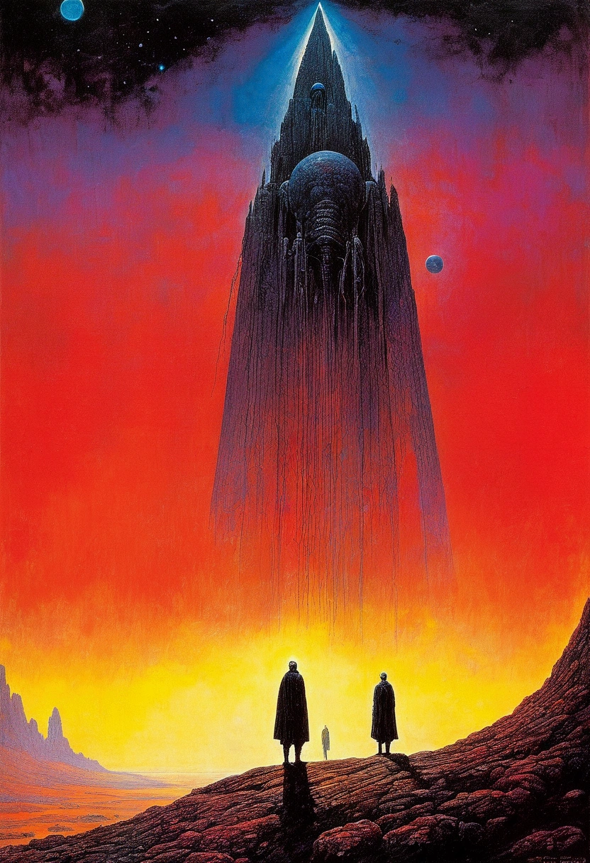 Multiple giant statues stretching into the distance,Old sci-fi posters, author:Zsław Beksinski 和 Jean.giraud