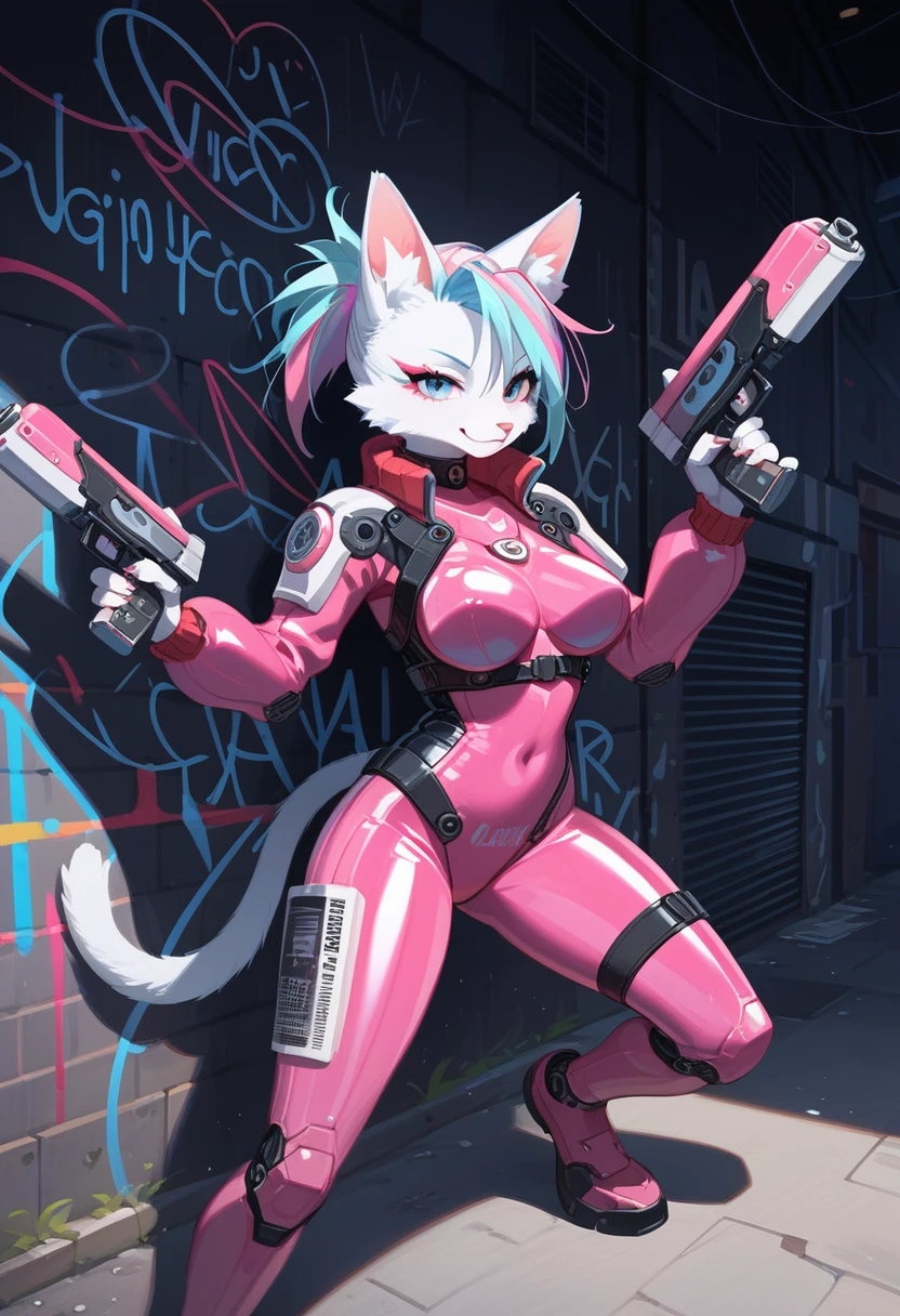 animation, Highest quality, Highest quality, High quality illustrations, masterpiece, Ultra-high resolution, Detailed Background, Alley, night, Graffiti art on the wall, Absurd, Perfect Anatomy, performance, Good lighting, Shadows in the movies(kemono, Furry PersonifiCation), Cat, woman, White Skin, pink rubber suit, latex, neon, neonライト, neonカラー, Bodysuits, Cyber Suit, Mech Suit, Rubber Half Jacket, cyber punk, Blade Runner, He has a gun in his right hand, Holding a blade in his left hand