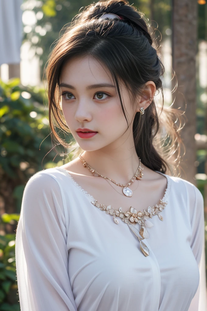 1 beautiful girl in Hanfu costume, ((white thin purple silk shirt with a lot of texture)), white lace top, long purple platinum ponytail Hair, Jewelry, ear jewelry, necklaces and necklaces, carefully drawn big purple eyes, makeup careful, thin eyebrows, high nose, beautiful red lips, no smile, pursed lips, rosy cheeks, wide breasts, big breasts, proportional breasts, slim waist, purple fishnet socks, chinese hanfu style, fictional art texture, colorful bright and realistic, RAW Photo, Realistic Photo, ultra high quality 8k surreal photo, (effective fantasy light effect: 1.8), 10x pixels, magical effect (Background): 1.8), ultradetailed eyes, full body portrait of girl , Chinese royal garden background, dynamic pose