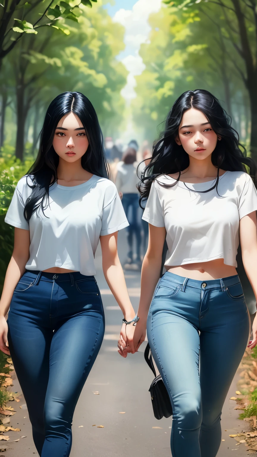 ((best quality)), ((masterpiece)), (detailed), A digital illustration of two young teenage girls with long black hair wearing plain white t-shirt and blue jeans walking surrounded by trees and a cloudy sky. They both are nervous