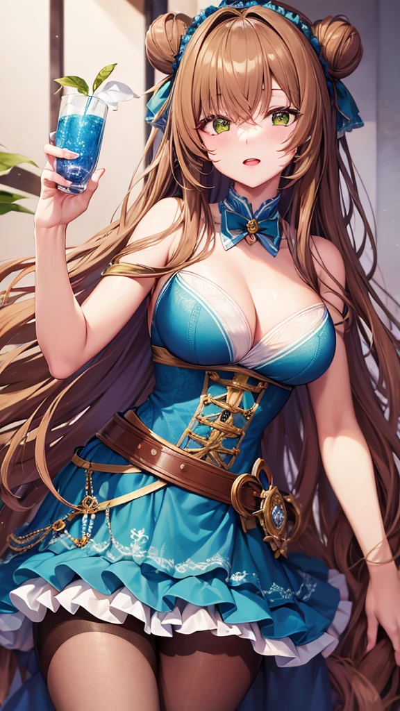   l414 terumi mei, very long hair, hair over one eye, single hair bun, brown hair, green eyes, fishnets, bare shoulders, blue dress, belt, fishnet pantyhose