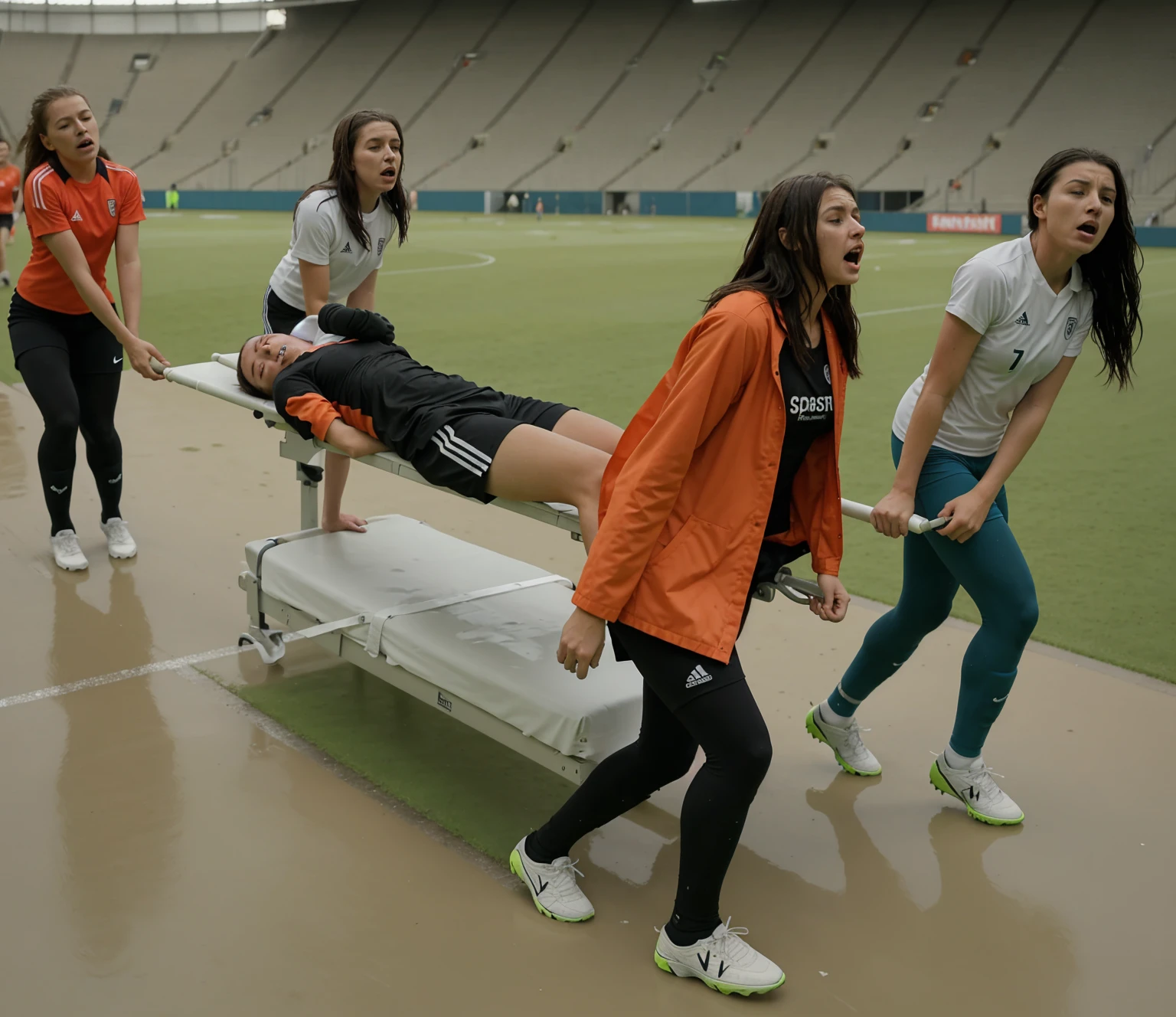 a soccer scene in a sports stadium, cool and wet weather conditions, humide ground, rainy sky, injury scene in a sports stadium, stretcher carry, there are four female medics carrying a stretcher, there are four female medics in very shiny coats who are carrying a stretcher in a sports stadium, there is a wounded male soccer player in a matte short cotton sports outfit lying on the stretcher, an injured male soccer player in matte cotton sportswear is lying in pain on a stretcher, a soccer player in matte cotton sports clothes is rearing up in intense pain while lying on a stretcher, dramatic scene, theatralic posing scene, dramatic pity scene, injury soccer, first aid, help, pity, there are four female medics in wetlook high-shine coats who are looking very sad and very terrified and very shocked, the injured soccer player is screaming out in pain while he is carried from the pitch on a stretcher