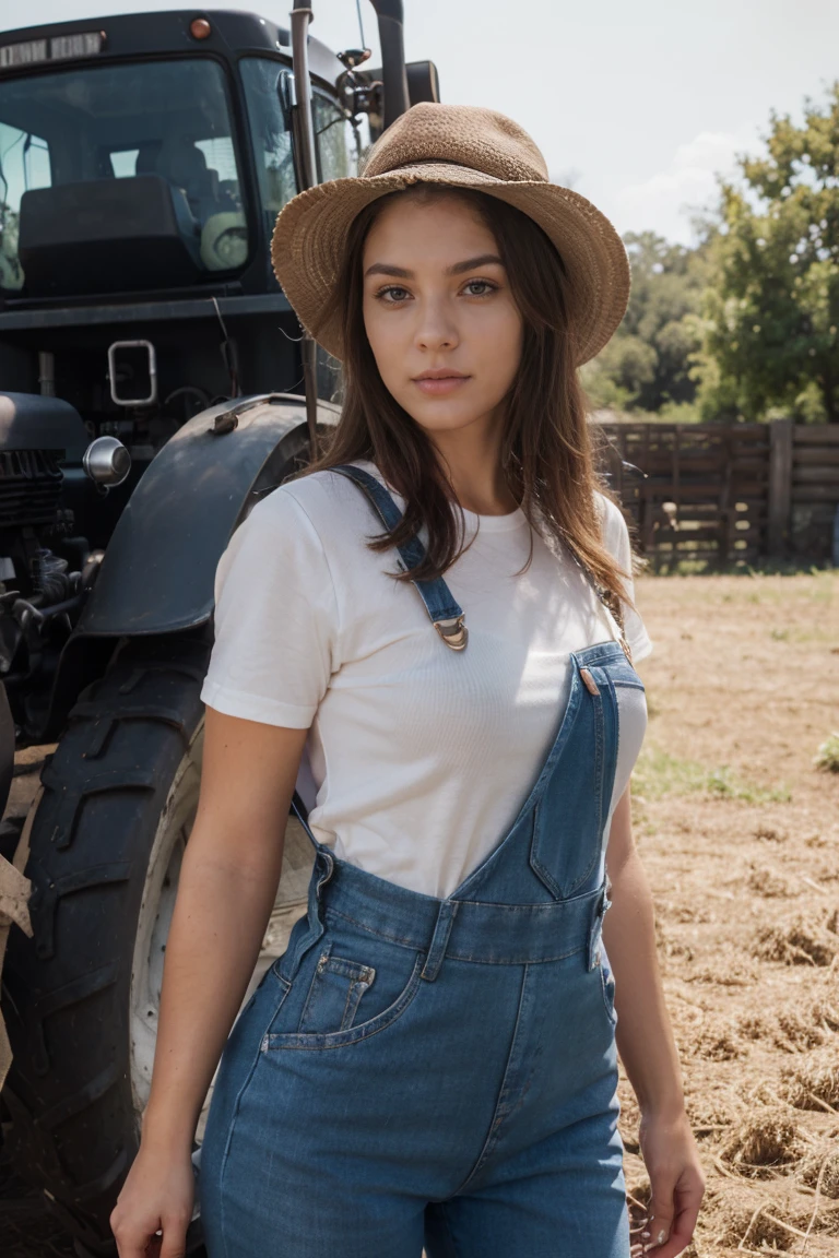 a young woman in workwear, Dungarees hanging down, felt hat, farm, on a tractor, work pants, detailed facial features, beautiful eyes, detailed skin, flawless body, perfect proportions, brown hair, bright sunlight, high quality, photorealistic, 8k, HDR, studio lighting, professional photography