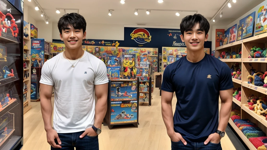 single: 1.5, (ที่TRUEแล้ว, Masterpiece, 8k HD, good light quality, sportswear, to fit the face, complicated details), A handsome Korean man with muscular arms.. , 20 years old, be happy, smile brightly, detailed face, delicate eyes, look at the sky, Wear a navy tight T-shirt..:1.6 ,Wear a denim coat.., Jeans era, black eyes, Black hair color, ผมsmooth, smooth,SurTRUE,Excellent details,Highest quality,TRUE,Open your mouth to talk.. , Close your eyes.., (standing in a toy store:1.5)