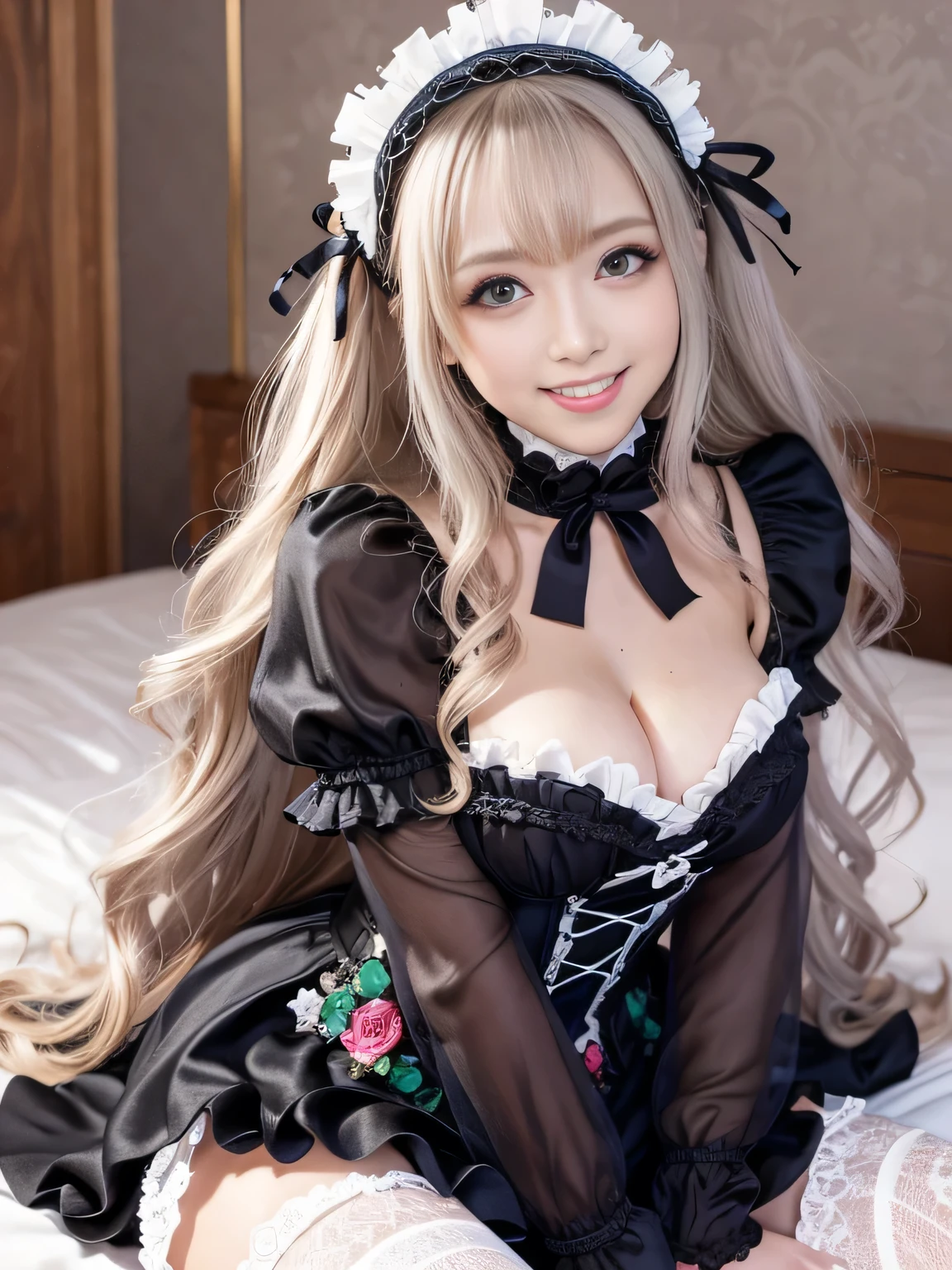 In a hotel room, Age 25, Sitting on the bed, ((Random sexy poses、put in、Deep joy、Severe pain、Ecstatic eyes:1.2),smile、Laughing with your mouth open、Ecstatic face、Climax expression、look up、Staring at the ceiling、Endure:1.5)), Through clenched teeth、The whole body is projected, Granblue Fantasy of a beautiful and cute sweet girl wearing frilly lace stockings ( Lovely gentle face) Huge Cleavage、Thighs Thighs Thighs Thighs、Gothic ta Headdress Gothic Loliashion、Frilled Skirt、Glowing Skin、Cleavage、Lots of frilly socks、Long silver wavy hair、Blushing、Cinema Lighting、Sharp focus、bokeh、highlight、Cinematic Post-Processing、Complex human hand、Show Viewer