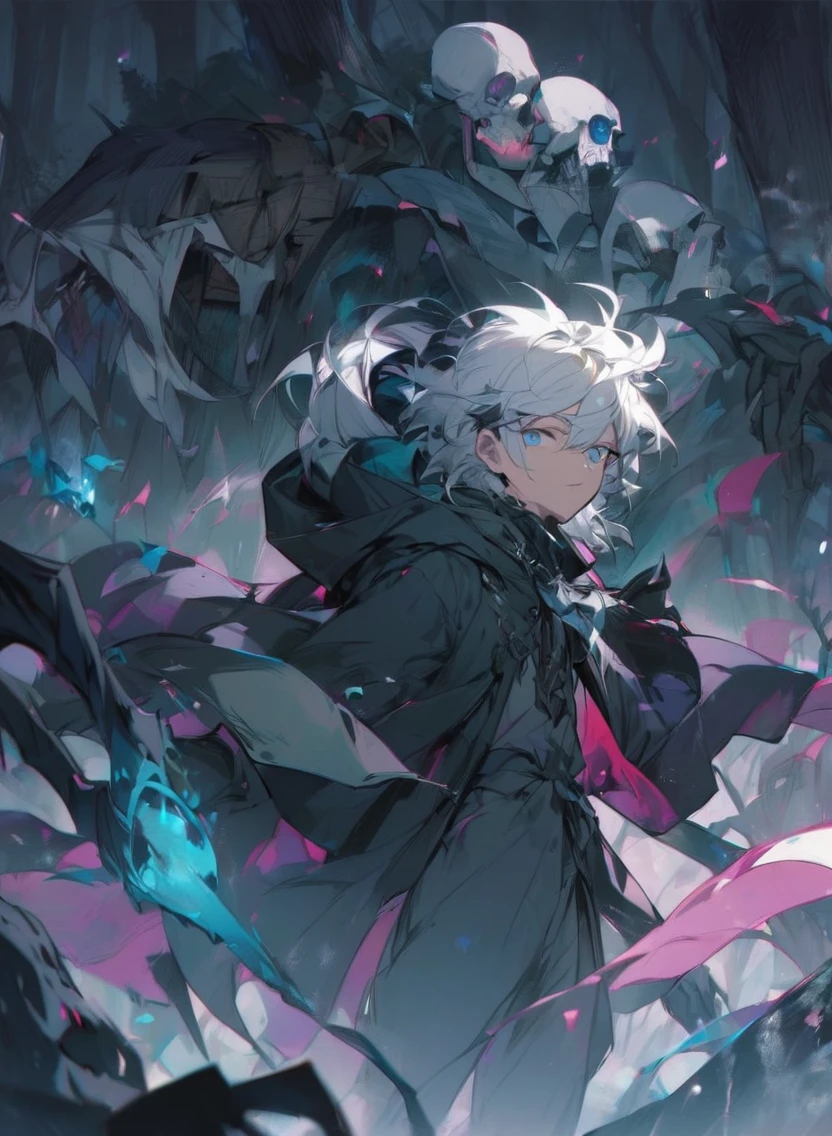 young man ,Male Dark, dark Woods, cold colors, man white hair with blue eye, Warlock dnd , Skeleton army in background