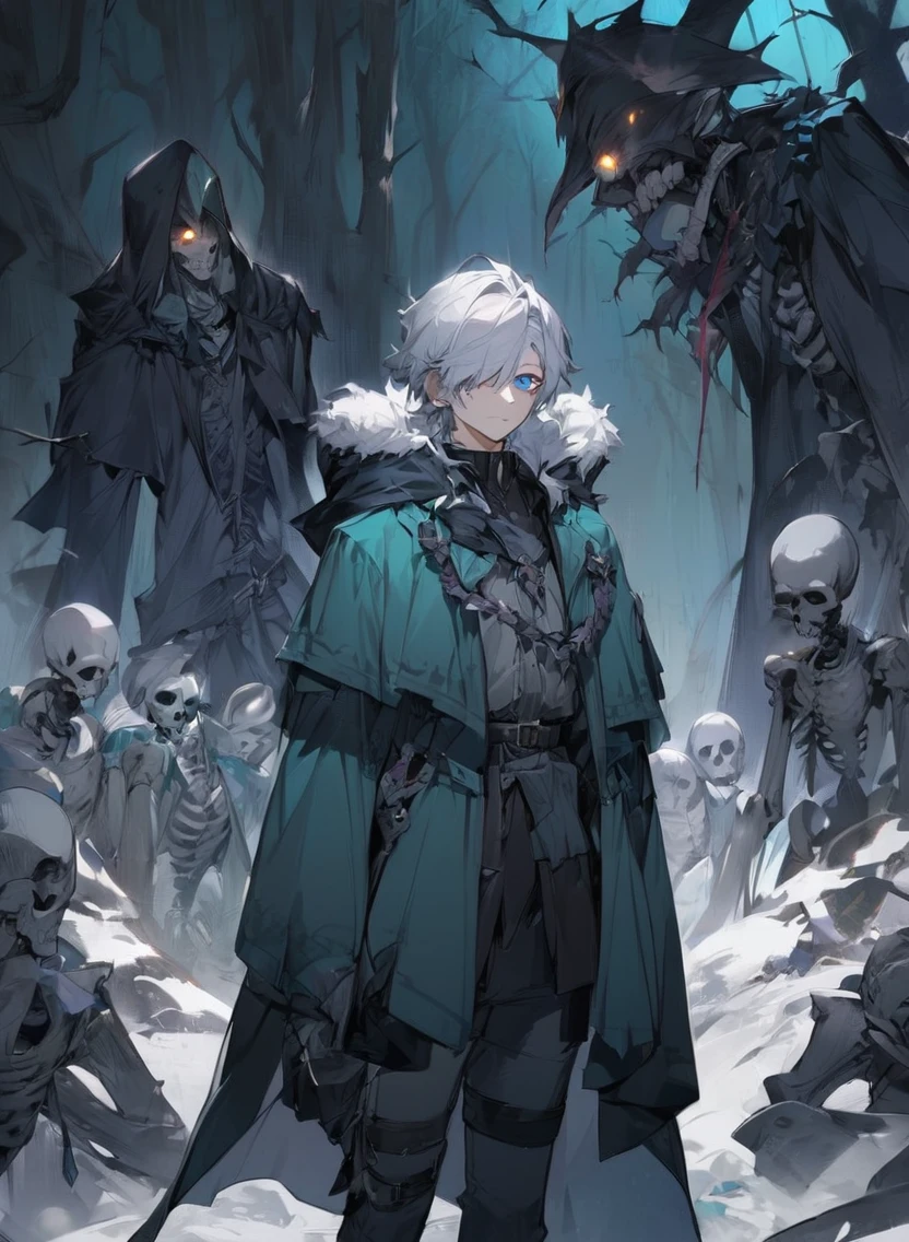 young man ,Male Dark, dark Woods, cold colors, man white hair with blue eye, Warlock dnd , Skeleton army in background