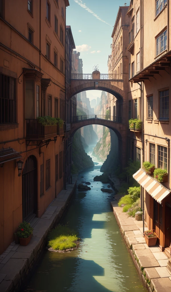 ((masterpiece)),((Highest quality)),((Attention to detail)),((Realistic,))
Industrial City, There is a deep canyon in the middle, Architecture Street, Bazaar, bridge, Wet day, steampunk, European architecture