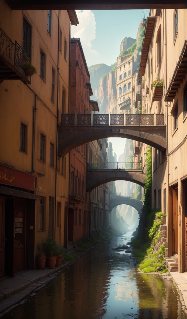 ((masterpiece)),((Highest quality)),((Attention to detail)),((Realistic,))
Industrial City, There is a deep canyon in the middle, Architecture Street, Bazaar, bridge, Wet day, steampunk, European architecture
