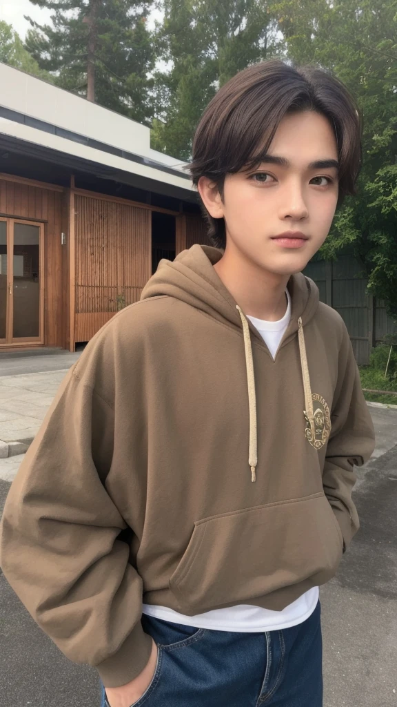 ((Highest quality)), ((masterpiece)), (detailed), 1人のmaleの子,Beautiful Boy,,high school student,Bob,neutral,cute,Handsome,Tear bags,Eyebrow,Japanese,Baby Face,round face,maleの娘,male,Swimwear,hoodie,白いSwimwear