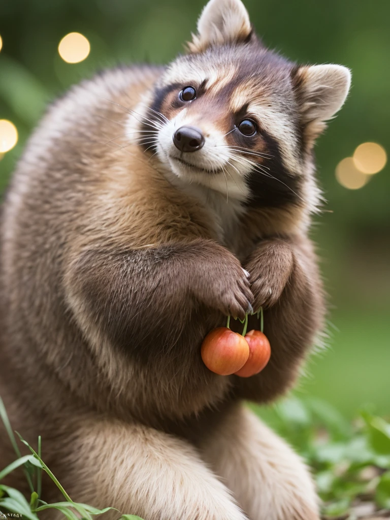 (Sumilux f1.4 75mm , low Latitude old color negative film , cross process , bokeh, flare, chromatic aberration , soft focus, (Shallow focus) , soft glow , Maximum aperture, High Key , Transparent depiction) , realistic female raccoon dog , butter face , two apart melons , Thick-rimmed glasses , in the heavy rain garden , clothed erotica , Kneeling and looking up to the sky , looking away , hands up