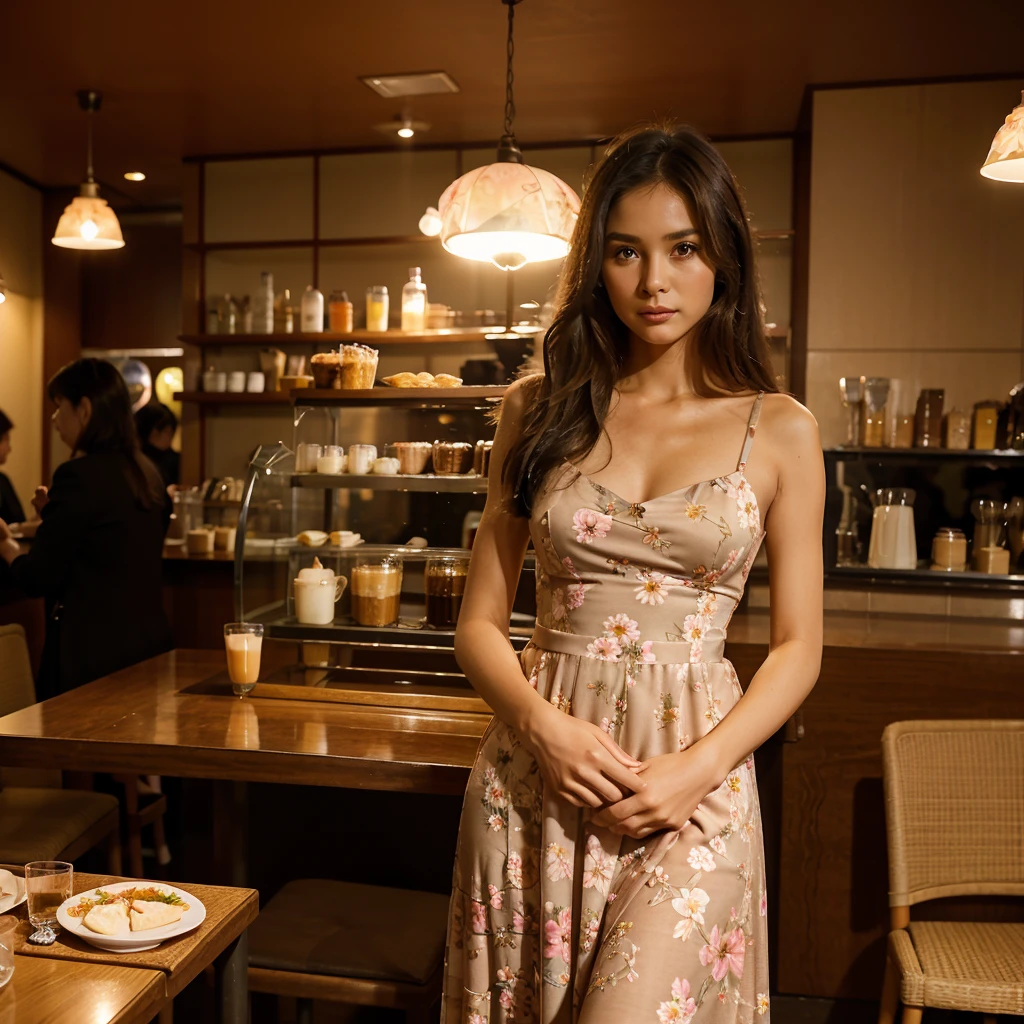 Female supermodel. Flowery evening dress. Dim, soft lighting. Sunset. Sunset. Café Planetaria, Tokyo, Japan.