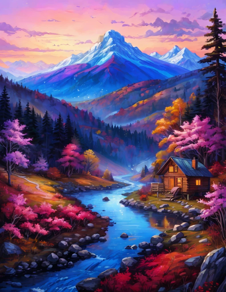 painting of a mountain scene with a cabin and a stream, detailed painting 4 k, beautiful art uhd 4 k, scenery art detailed, rich picturesque colors, vibrant gouache painting scenery, colorful landscape painting, extraordinary colorful landscape, autumn mountains, scenery artwork, dream scenery art, magical landscape, full of colors and rich detail, scenic colorful environment, peaceful landscape