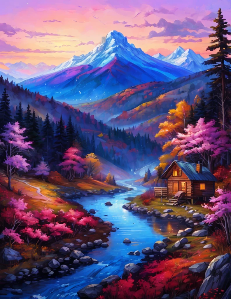 painting of a mountain scene with a cabin and a stream, detailed painting 4 k, beautiful art uhd 4 k, scenery art detailed, rich picturesque colors, vibrant gouache painting scenery, colorful landscape painting, extraordinary colorful landscape, autumn mountains, scenery artwork, dream scenery art, magical landscape, full of colors and rich detail, scenic colorful environment, peaceful landscape