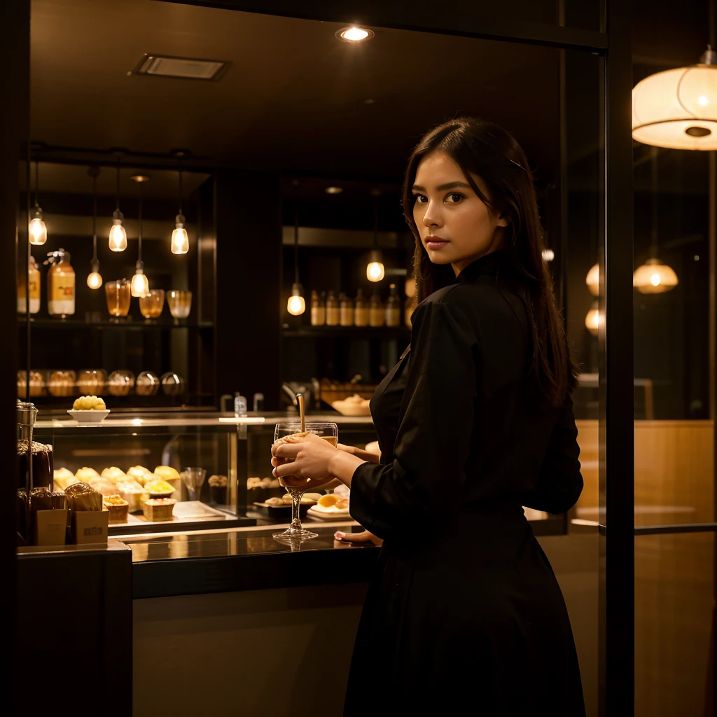 Female supermodel. Black evening dress. Dim, soft lighting. Sunset. Sunset. Café Planetaria, Tokyo, Japan.