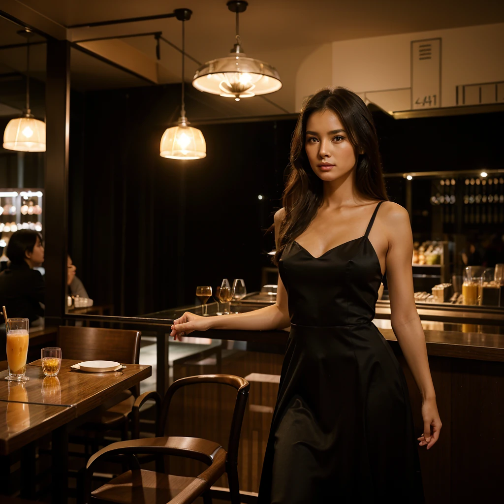 Female supermodel. Black evening dress. Dim, soft lighting. Sunset. Sunset. Café Planetaria, Tokyo, Japan.
