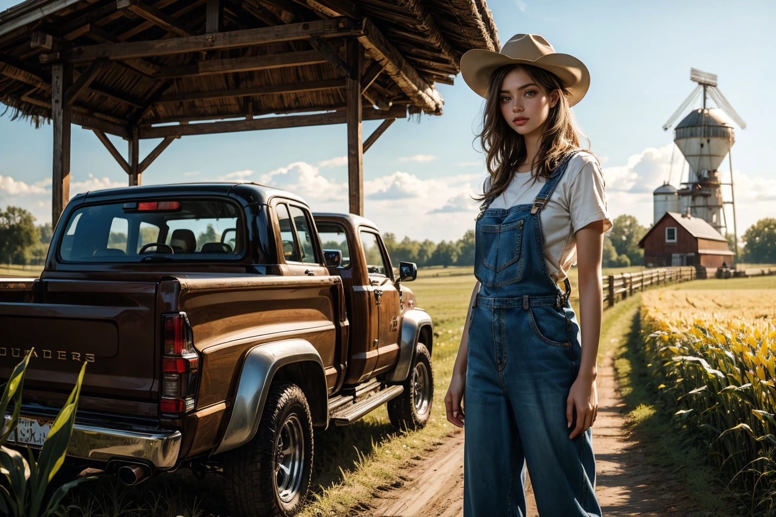 full-length long shot of a beautiful blonde young woman on a farm in America (shepherdess), denim jumpsuit with suspenders and a shepherd's old hat and cowboy boots, in the background a field with corn and a water tower and a red old pickup truck, a girl posing outside the sun is summer and hot, excellent photo quality long shot, super detail