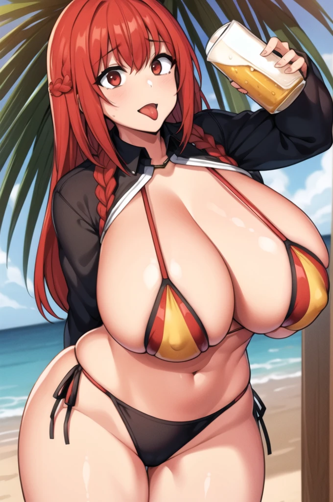 1girl, tongue, huge_breasts, cup, beer, bikini, braid, swimsuit, red_hair, tongue_out, thighs, alcohol, string_bikini, side-tie_bikini, holding_cup, long_hair, beach, solo, yellow_eyes, open_mouth, blush, gokkun, rating:questionable, bangs, areolae, twin_braids, gigantic_breasts