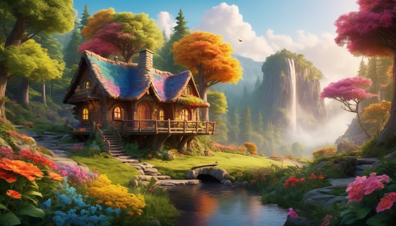 (Mysterious fantasy forest, Dense trees, A strange and cute little tree:1.5), Cabin in the middle of the forest, Vividly depicted in the work (Best quality, 8K, Advanced resolution, Masterpiece:1.2), With ultra-detailed detail (1.4x realism, Photorealistic:1.37). This dream forest is made up of bright colors, bathed in the warm glow of the sun, creating a cheerful and whimsical atmosphere. The cabin is designed with great attention to detail, with a complex design and unique architecture, similar to a mushroom-shaped house. A beautiful waterfall cascades nearby, adding a serene and enchanting element to the scene. (This fantastic forest is surrounded by lush greenery and colorful flowers), elevating a captivating and magical environment. The artwork showcases an illustrative style, inspired by children's book illustrations, ensuring a glamorous and nostalgic touch. The color palette consists of bright rainbow colors, seven colors, evoking feelings of joy and playfulness. Lighting accentuates the picturesque scene, with soft and warm shadows adding depth and warmth to the artwork. Every detail is impeccably presented, creating a visually stunning masterpiece, capturing the essence of the fantasy forest.
