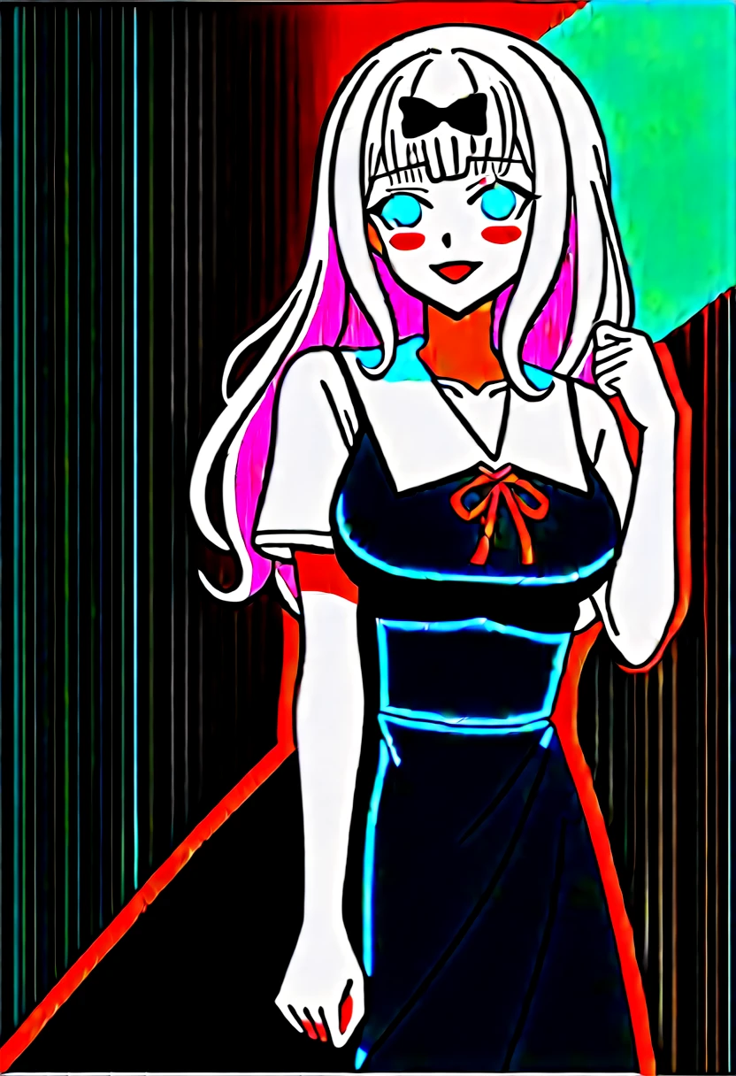 score_9, score_6_Excellent, sauce_anime, One Girl, alone,Cowboy Shot, chika, blue eyes, Pink Hair, Hair Ribbon, Black Bow, Black Dress, White sailor collar, Neck ribbon, Red ribbon, Short sleeve, White shirt, Slim, Huge breasts 、Clenched fist、Sticking out tongue、srimk、blush、Dark Room