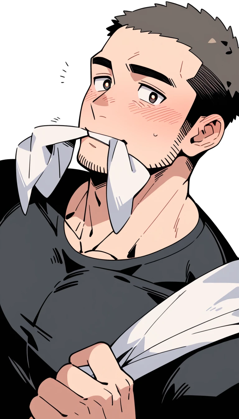 anime characters：Priapus, Muscle Sports Student, Buzz Cut, Manliness, male focus, Dark black tight T-shirt, Very tight, full and perky chest muscles, muscular male, muscular, only, Upper body, alone, Black short hair, Thick eyebrows, stubble, Brown-red pupils, White background, simple background, amazing quality, best aesthetics, Ridiculous, crew cut, blush, mouth hold, Biting a white cotton towel in the mouth, embarrassed, shy, endured face, negative space, best quality