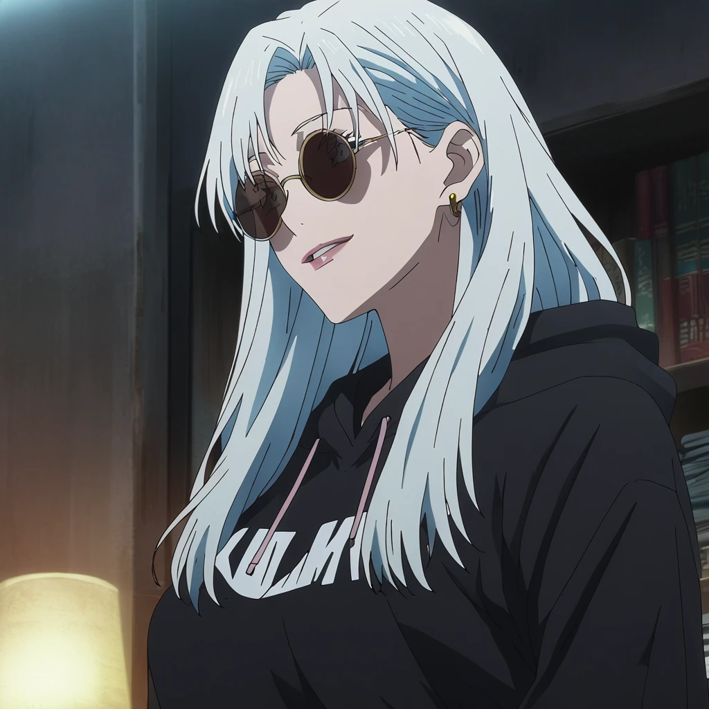 1girl, female gojo satoru, anime screencap from jujutsu kaisen, gojo satoru female version, solo, long_hair, ((wearing round sunglasses)) ((White_hair)), night view, (hanging breasts) upper_body, smile, indoors, book, lips, (long hair) ((wearing black colour hoodie)) breast, "very detailed and high resolution" ((solo)) (((front view))) (earings) ((high resolution)) ((good quality)) ((silky hair))