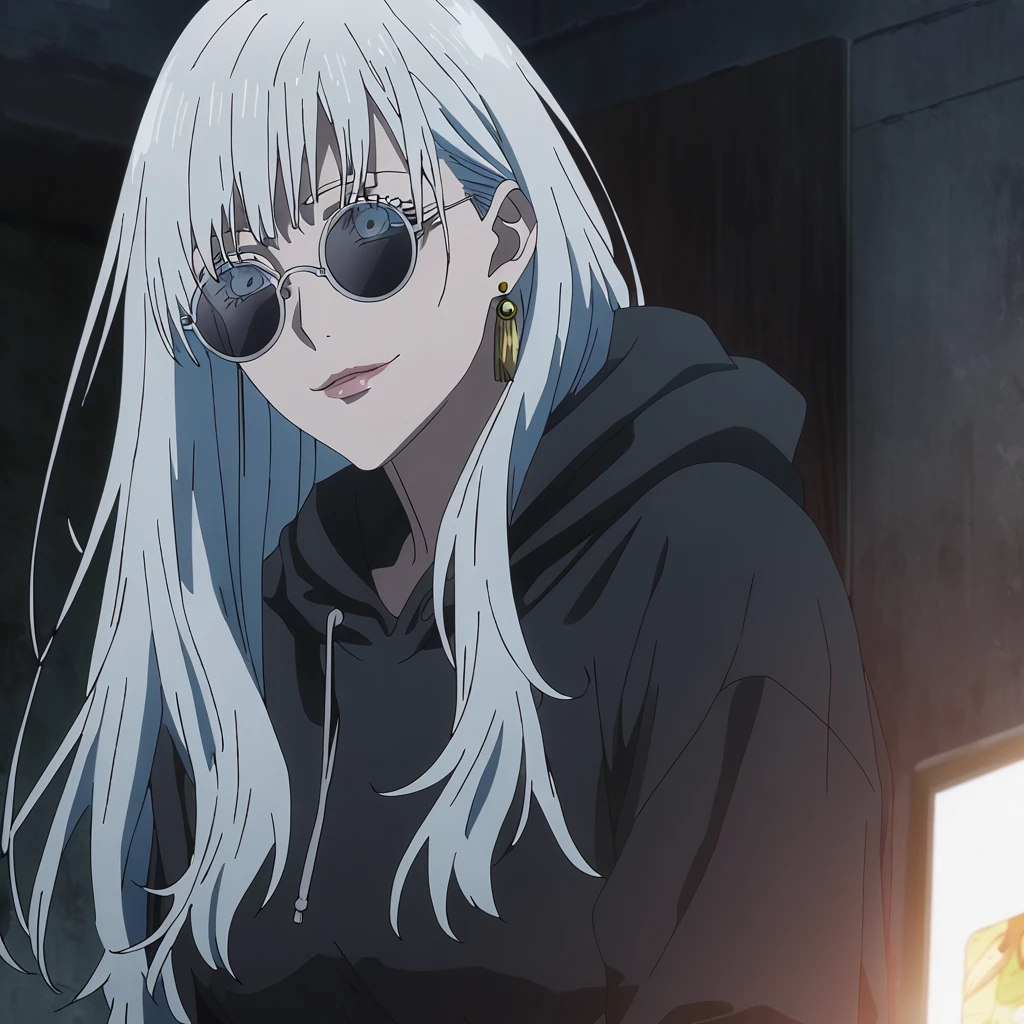 1girl, female gojo satoru, anime screencap from jujutsu kaisen, gojo satoru female version, solo, long_hair, ((wearing round sunglasses)) ((White_hair)), night view, (hanging breasts) upper_body, smile, indoors, book, lips, (long hair) ((wearing black colour hoodie)) breast, "very detailed and high resolution" ((solo)) (((front view))) (earings) ((high resolution)) ((good quality)) ((silky hair))