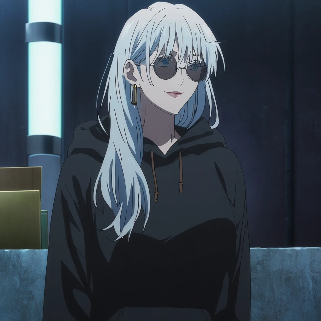 1girl, female gojo satoru, anime screencap from jujutsu kaisen, gojo satoru female version, solo, long_hair, ((wearing round sunglasses)) ((White_hair)), night view, (hanging breasts) upper_body, smile, indoors, book, lips, (long hair) ((wearing black colour hoodie)) breast, "very detailed and high resolution"  ((solo)) (((front view))) (earings) ((high resolution)) ((good quality)) ((silky hair)) 