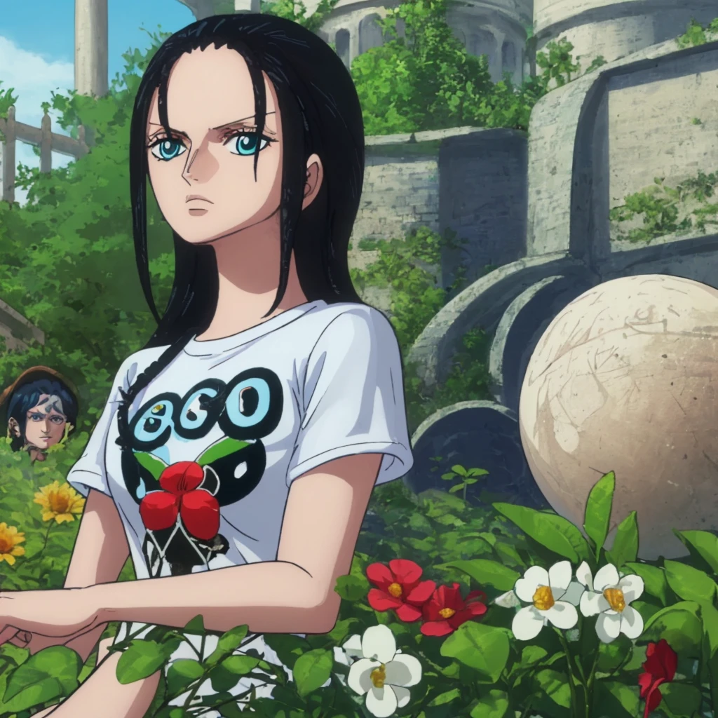 ( masterpiece ) , highly detailed , best quality , perfect face , nico Robin , black hairs , blue eyes , wearing short sleeves white printed t-shirt and blue jeans , in garden , arms bound behind back ball gagged , looking at camera , standing still , front view 