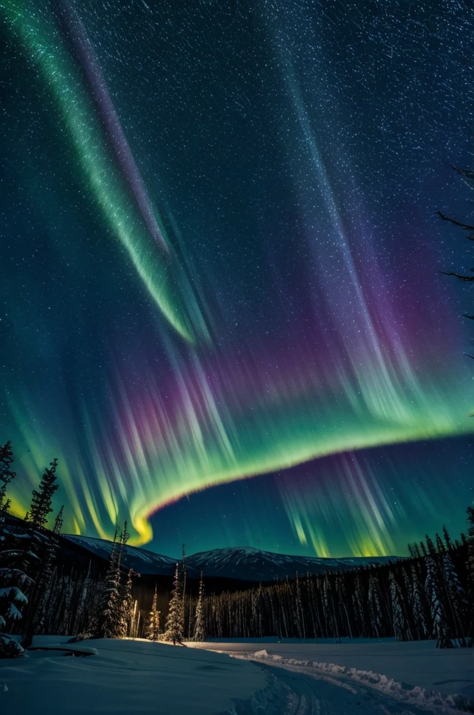 Starfall and northern lights on a moonlit night