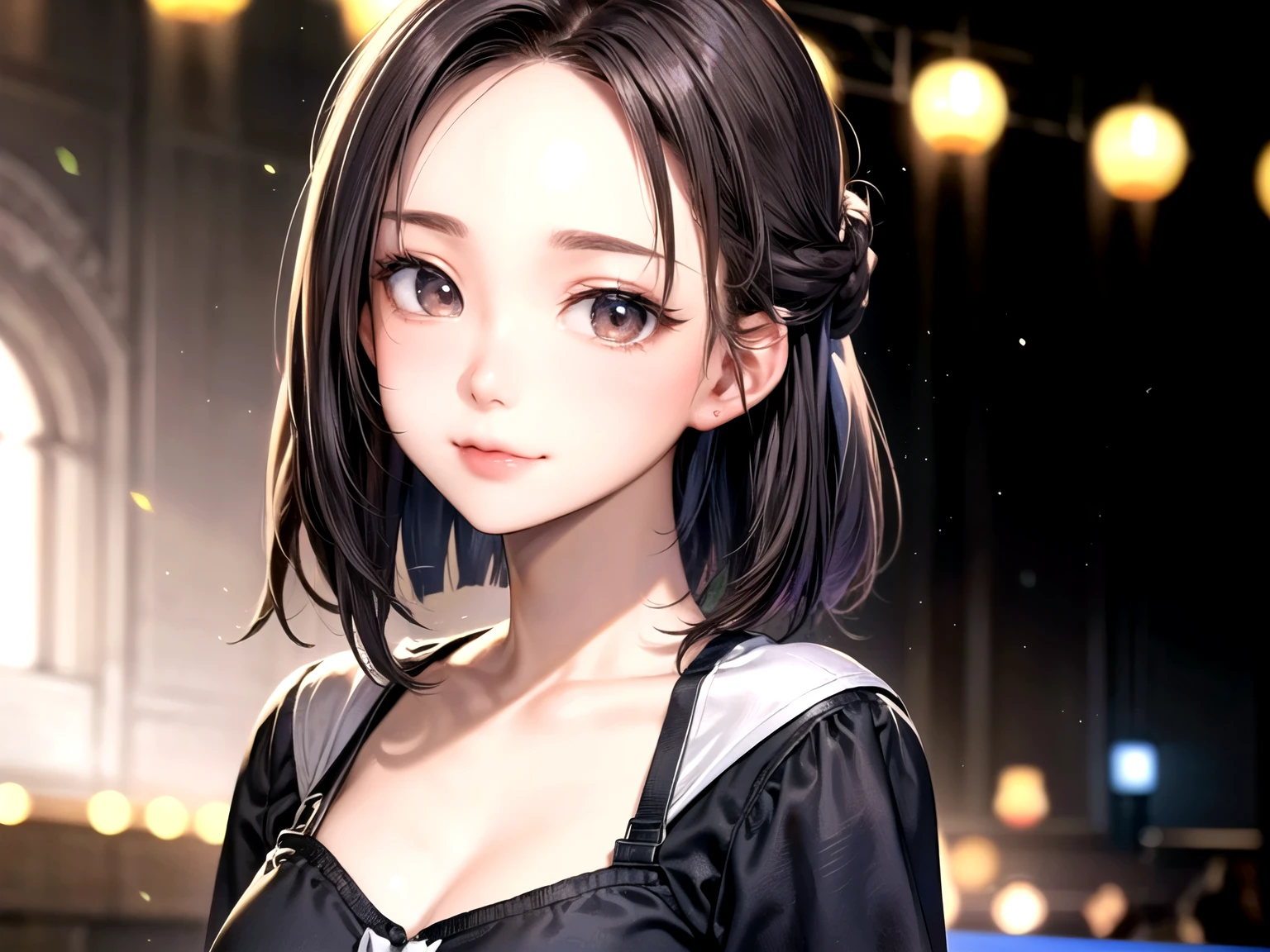 ((Best of the highest quality, 8k, Masterpiece, raw photo: 1.1)), (Sharp focus: 1.1), (1 AESPA, slim body type female, 22 y/o: 1.1), solo, Portrait Waist Up, (realistic, photo-realistic:1.37), face focus, finely small eyes, (forehead, short bob hair, updo: 1.32), (sharp chin, droopy eyes: 1.36), (Emphasize prominent aegyo-sal with bright: 1.28), shimmering eyeshadow applied under the lower lash line, paired with thick, (small breasts, flat chest: 1.22), T-shirt, walking on stage, flower,