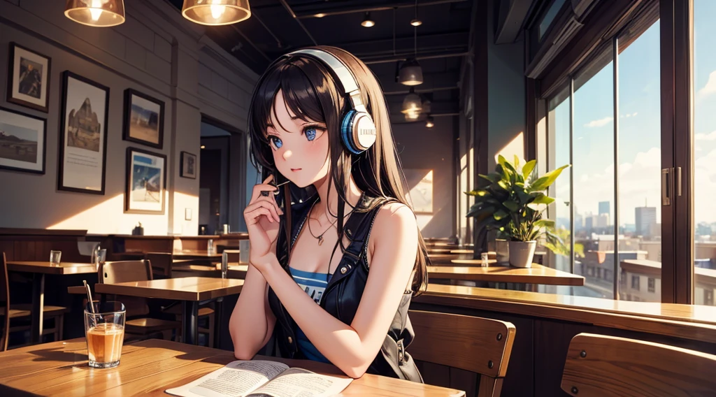Girl with headphones enjoying music in a cafe　I am studying　Emphasize a little bit of the chest
