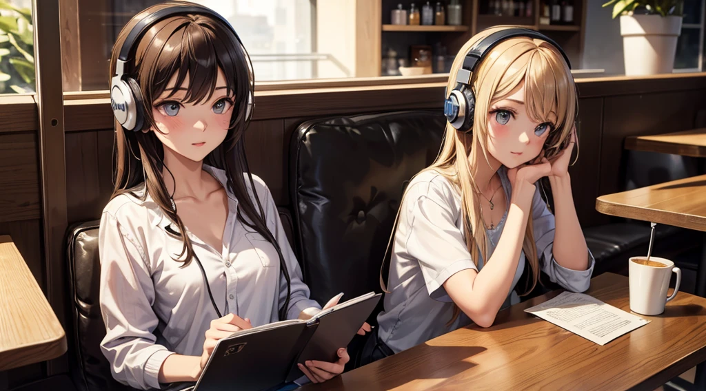 Girl with headphones enjoying music in a cafe　I am studying　Emphasize a little bit of the chest