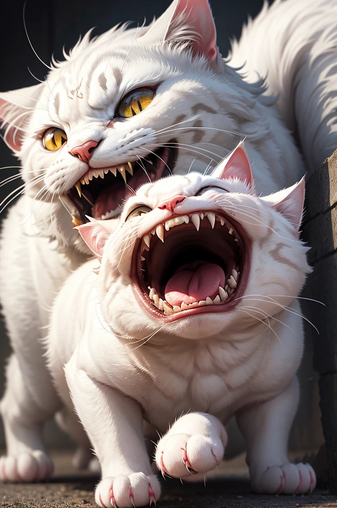 Angry white cat with sharp animal teeth 