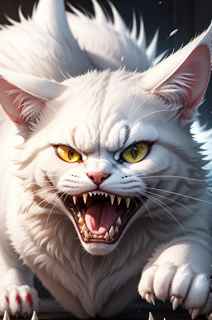 Angry white cat with sharp animal teeth 