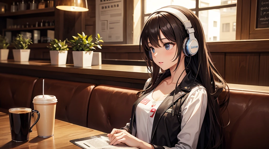 Girl with headphones enjoying music in a cafe I am studying Emphasize a little bit of the chest