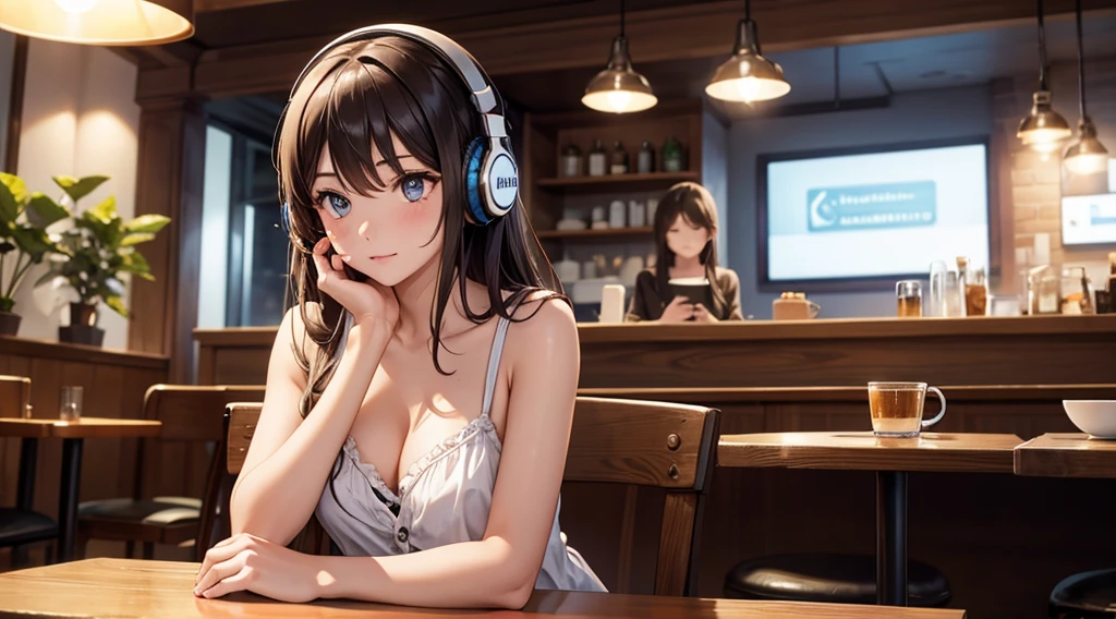 Girl with headphones enjoying music in a cafe I am studying Emphasize a little bit of the chest