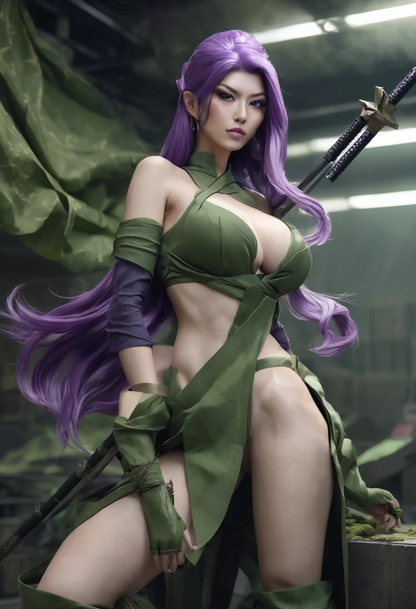 woman, inside a manual weapons room, wearing moss green ninja outfit, with cleavage, detailed facial features, light brown and feminine eyes, detailed white skin, long lob purple hair, image showing full body, large breasts, origami paper in hand, dramatic lighting, cinematic composition, cold palette, dark colors, atmospheric fog, strong body, thin chin, (best quality, 4K, 8K, high resolution, art: 1.2), ultra-detailed, (realistic, photorealistic, photorealistic: 1.37)
