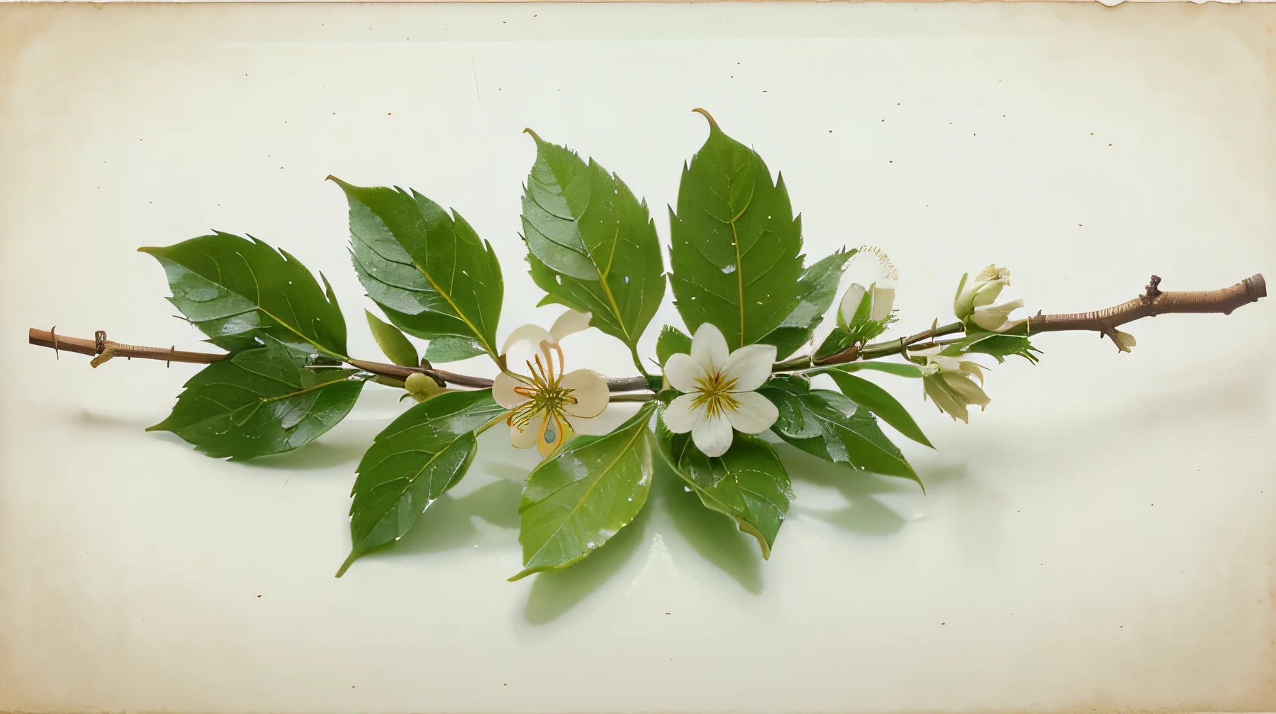 Twig with green leaves, flowers, water droplets on white background.
Colors: Green, white, beige, Pastel shades.