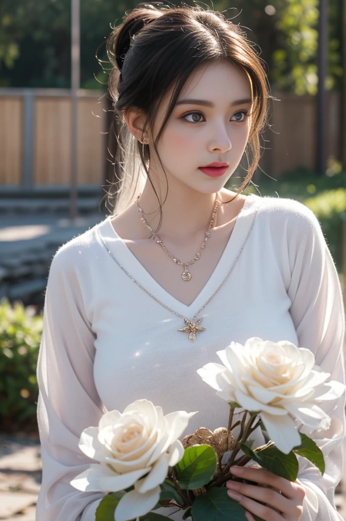 1 beautiful girl in Hanfu costume, ((white thin purple silk shirt with a lot of texture)), white lace top, long purple platinum ponytail Hair, Jewelry, ear jewelry, necklaces and necklaces, carefully drawn big purple eyes, makeup careful, thin eyebrows, high nose, beautiful red lips, no smile, pursed lips, rosy cheeks, wide breasts, big breasts, proportional breasts, slim waist, purple fishnet socks, chinese hanfu style, fictional art texture, colorful bright and realistic, RAW Photo, Realistic Photo, ultra high quality 8k surreal photo, (effective fantasy light effect: 1.8), 10x pixels, magical effect (Background): 1.8), ultradetailed eyes, full body portrait of girl , Chinese royal garden background, dynamic pose