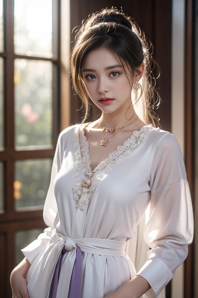 1 beautiful girl in Hanfu costume, ((white thin purple silk shirt with a lot of texture)), white lace top, long purple platinum ponytail Hair, Jewelry, ear jewelry, necklaces and necklaces, carefully drawn big purple eyes, makeup careful, thin eyebrows, high nose, beautiful red lips, no smile, pursed lips, rosy cheeks, wide breasts, big breasts, proportional breasts, slim waist, purple fishnet socks, chinese hanfu style, fictional art texture, colorful bright and realistic, RAW Photo, Realistic Photo, ultra high quality 8k surreal photo, (effective fantasy light effect: 1.8), 10x pixels, magical effect (Background): 1.8), ultradetailed eyes, full body portrait of girl , Chinese royal garden background, dynamic pose